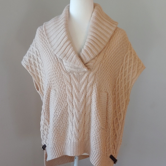 Saks Fifth Ave Wool Blend Cream Cable Knit Cowl Sweater with Side Belts Small - Picture 5 of 16
